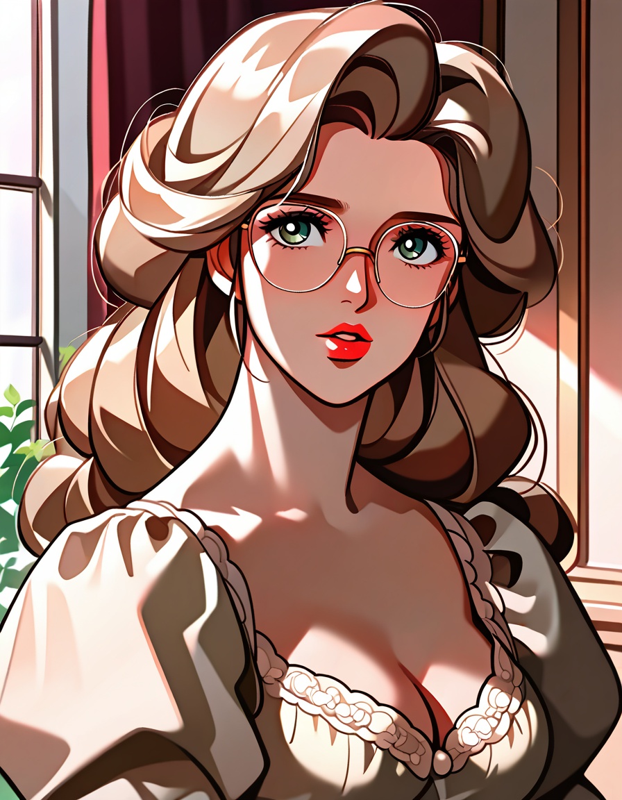 1880s ***** Victorian wife mother with long blonde hair worn out and full,  wearing light clothes,  full lips and a soft f...