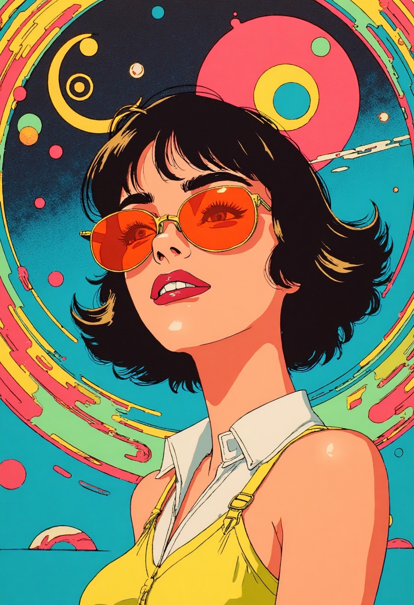 This is a science fiction digital drawing with a surreal,  futuristic energy. Flat colors and abstract circles accentuate...