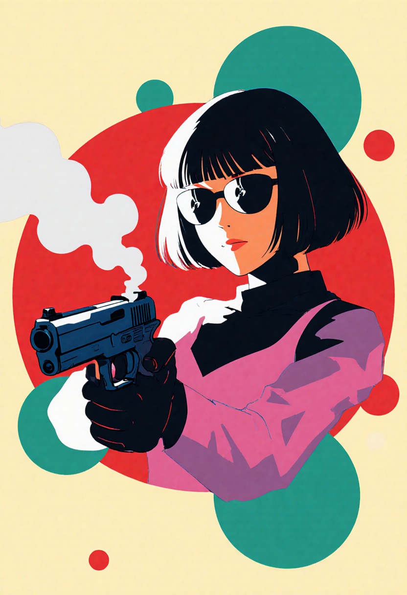 This is a science fiction digital drawing with a surreal,  futuristic energy. Flat colors and circles accentuate the silho...