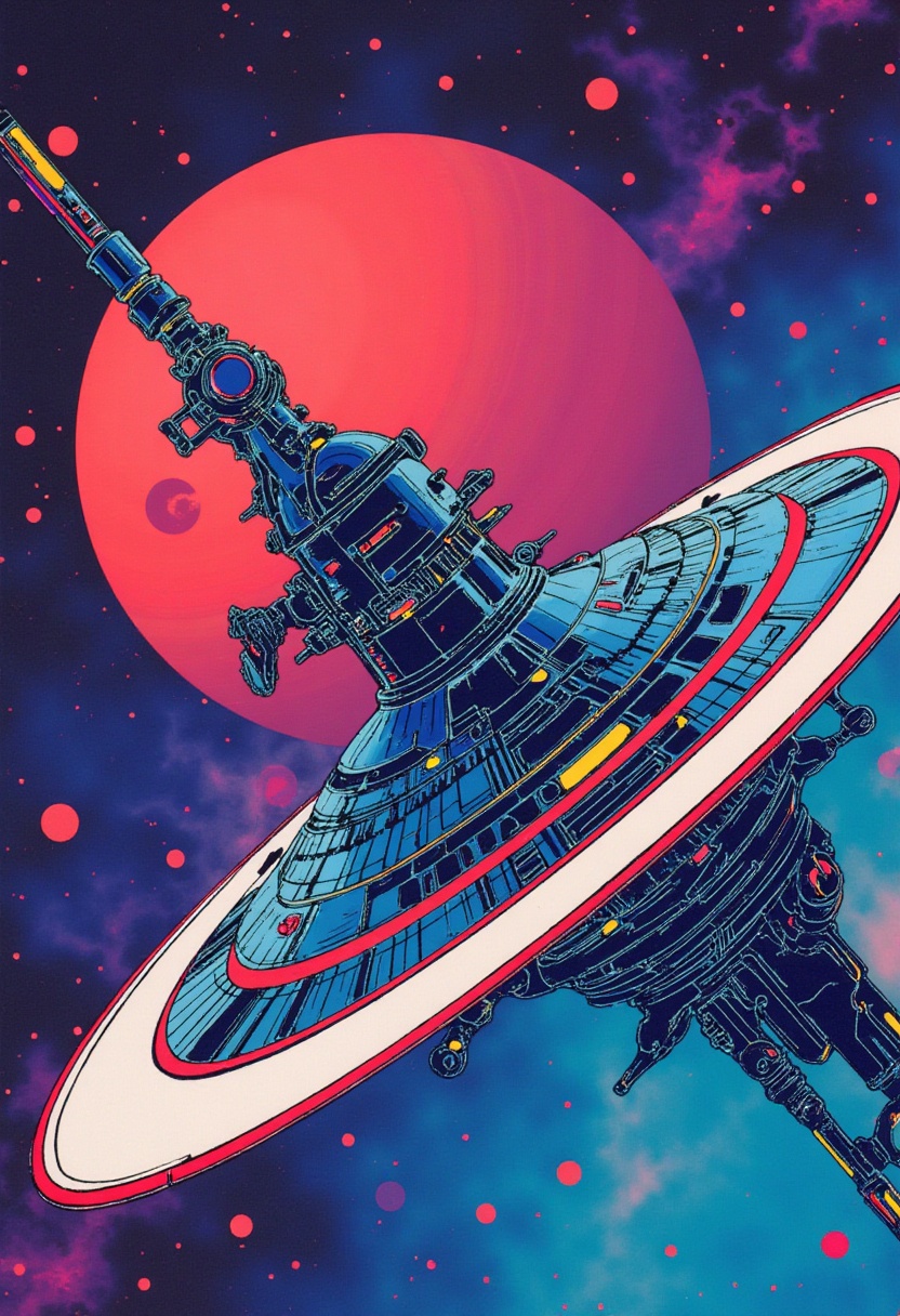 This is a science fiction digital drawing with a surreal,  futuristic energy. An abstract depiction of a 1980s anime space...