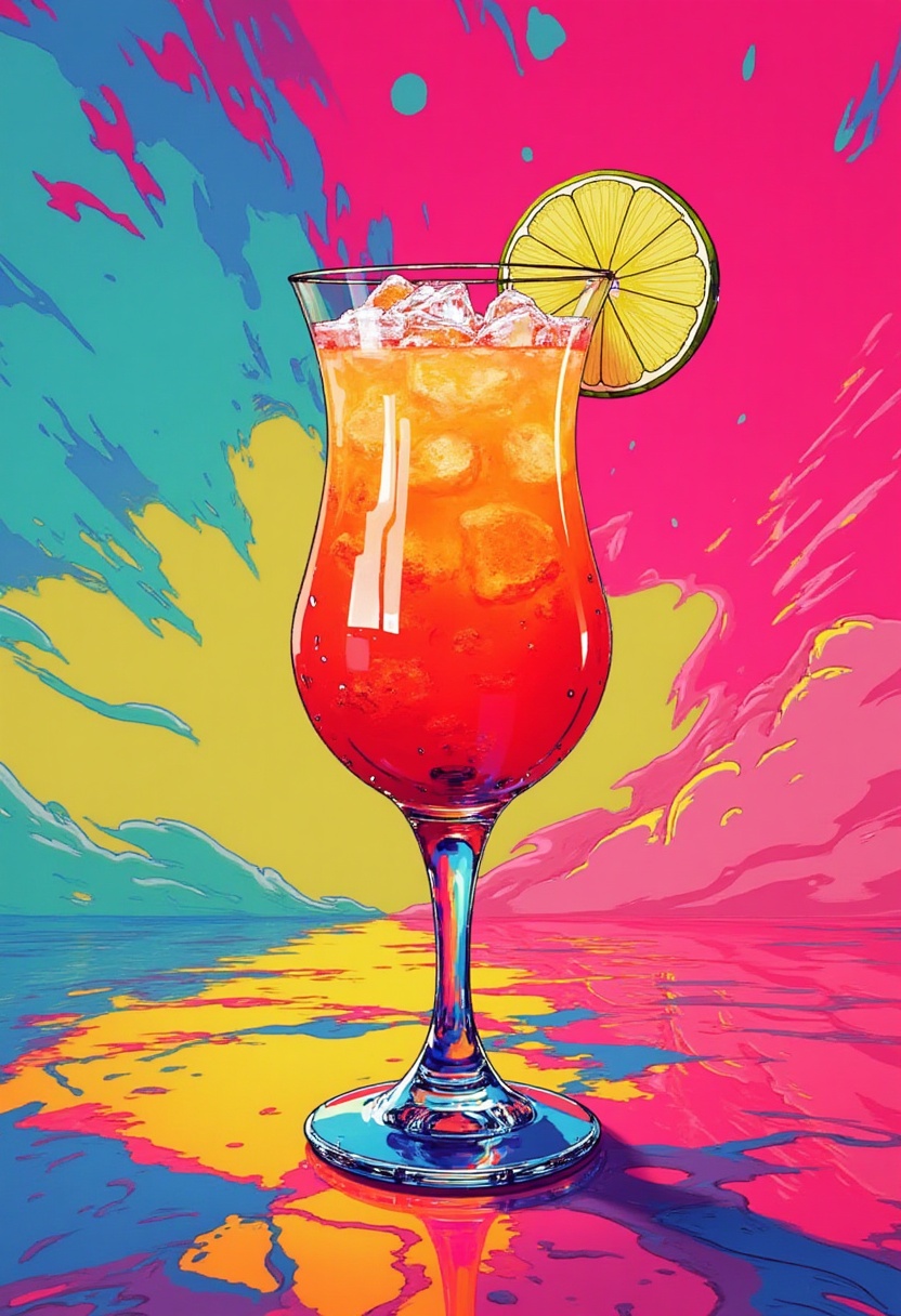 This is a science fiction digital drawing with a surreal,  futuristic energy. A cocktail garnished with a slice of lemon a...