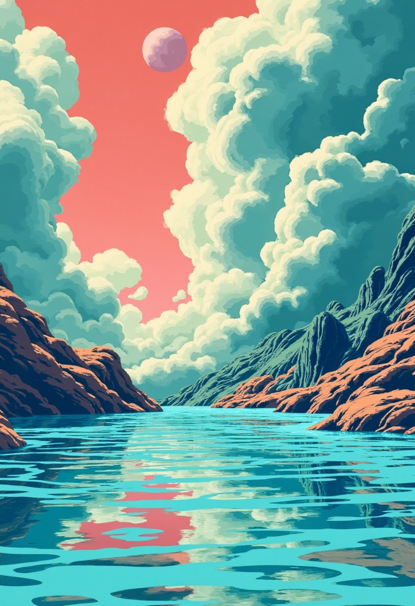 This is a science fiction digital drawing with a surreal,  futuristic energy. An abstract cloud of smoke is billowing over...