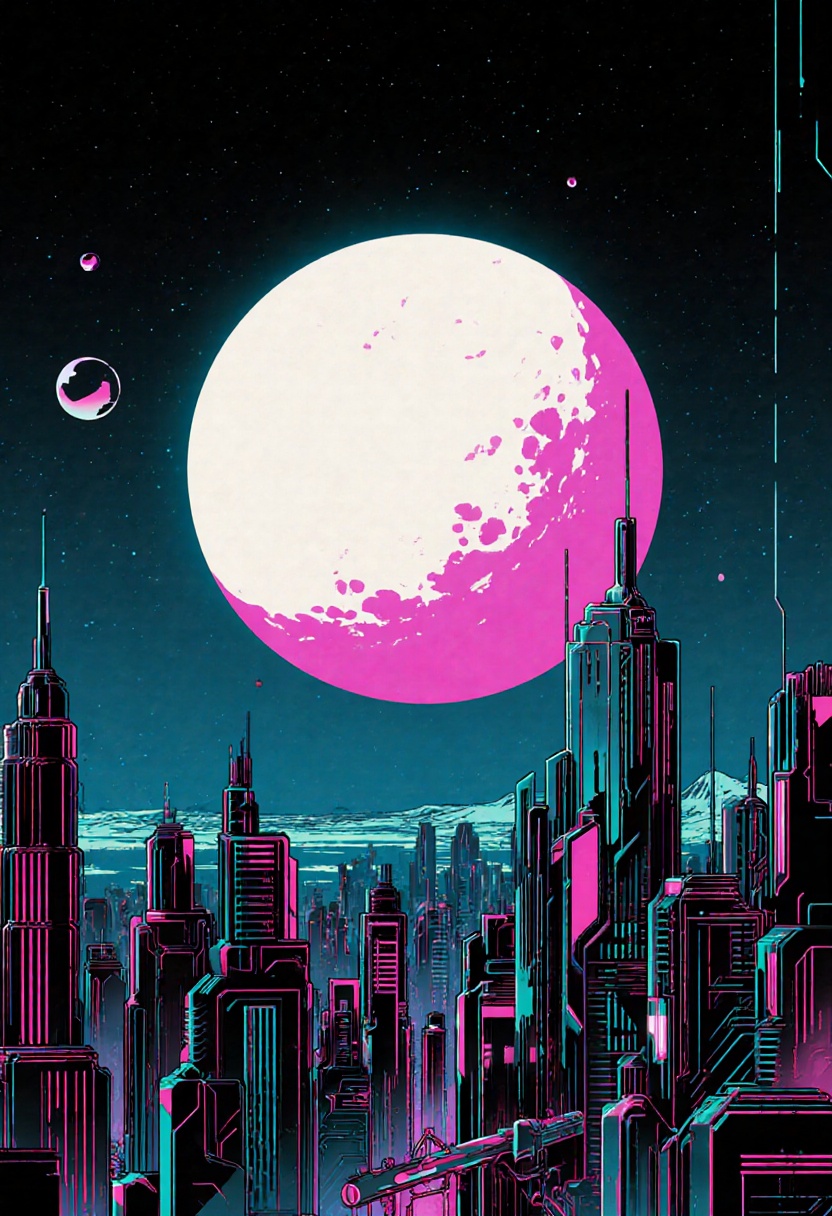 This is a science fiction digital drawing with a surreal,  futuristic energy. A safarieyes cyberpunk depiction of a citysc...