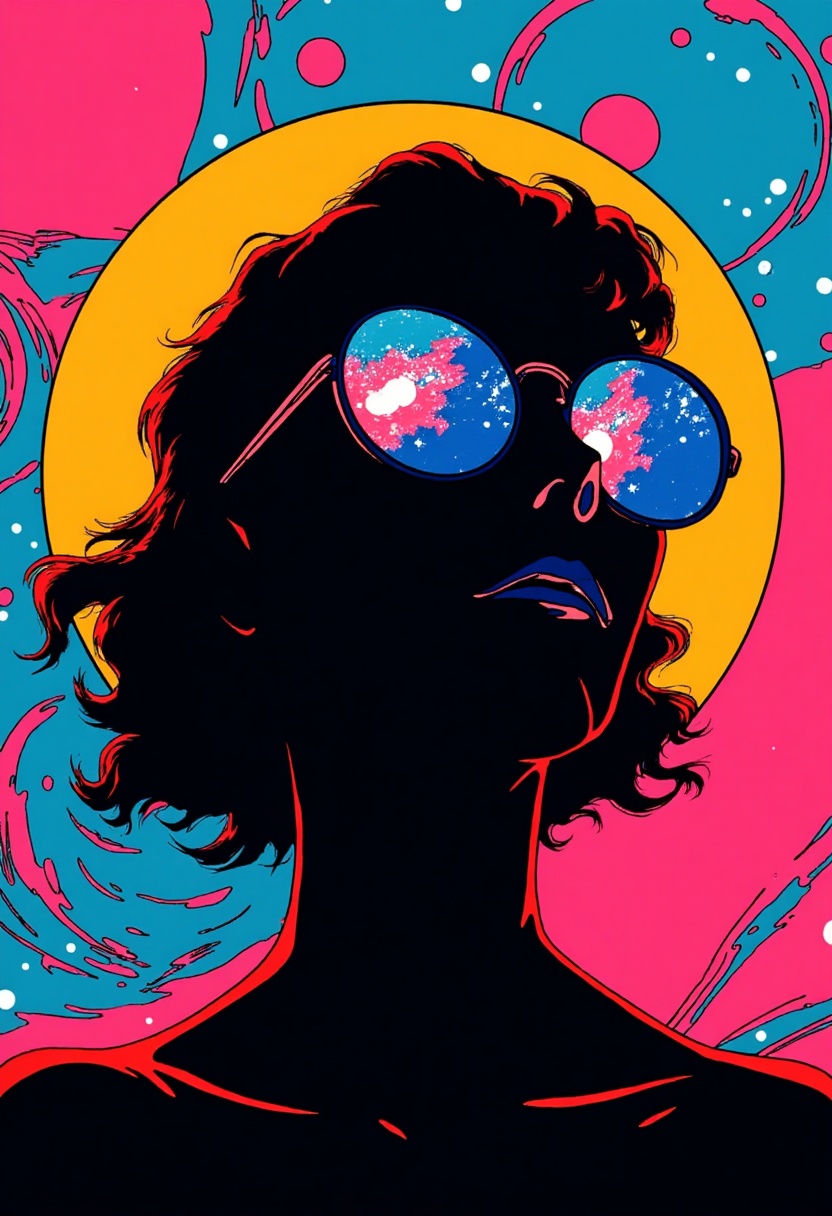 This is a science fiction digital drawing with a surreal,  futuristic energy. The silhouette of a 1980s anime safarieyes w...