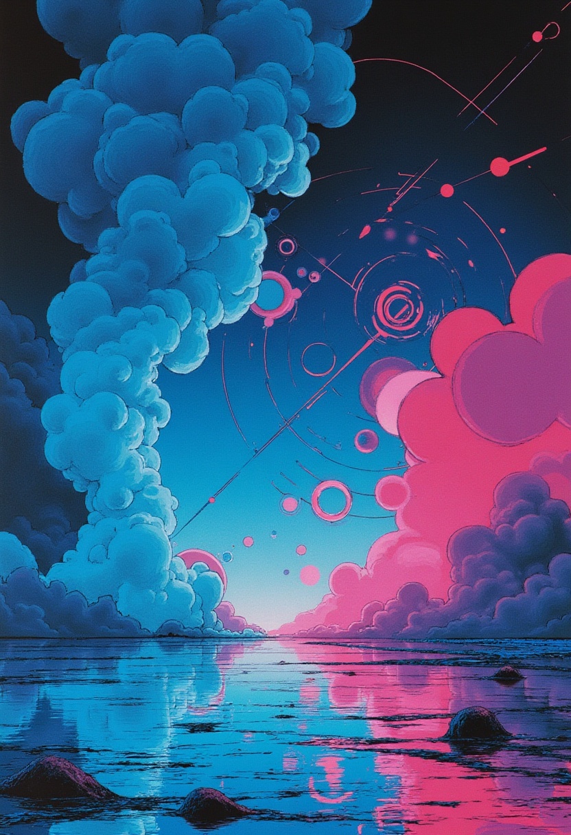 This is a science fiction digital drawing with a surreal,  futuristic energy. A safarieyes flat color piece showing smoke...