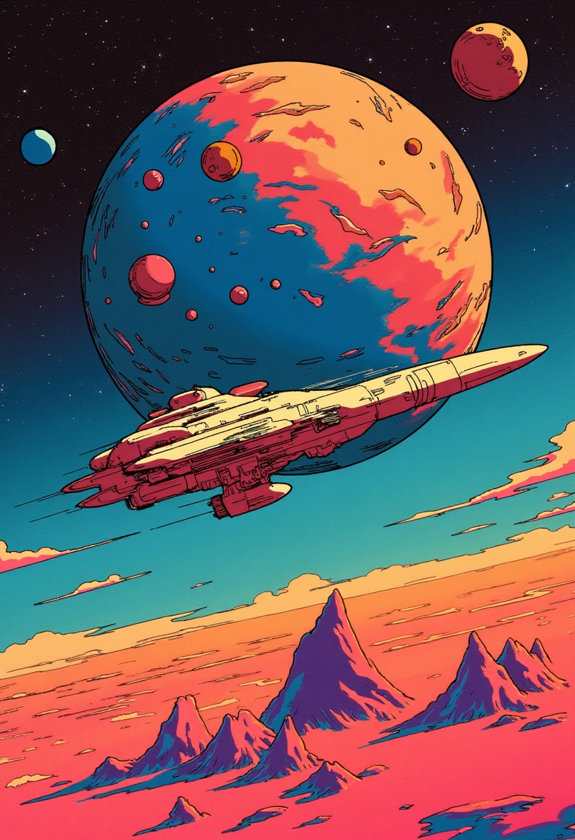 This is a science fiction digital drawing with a surreal,  futuristic energy. A 1980s anime spacecraft is orbiting a plane...
