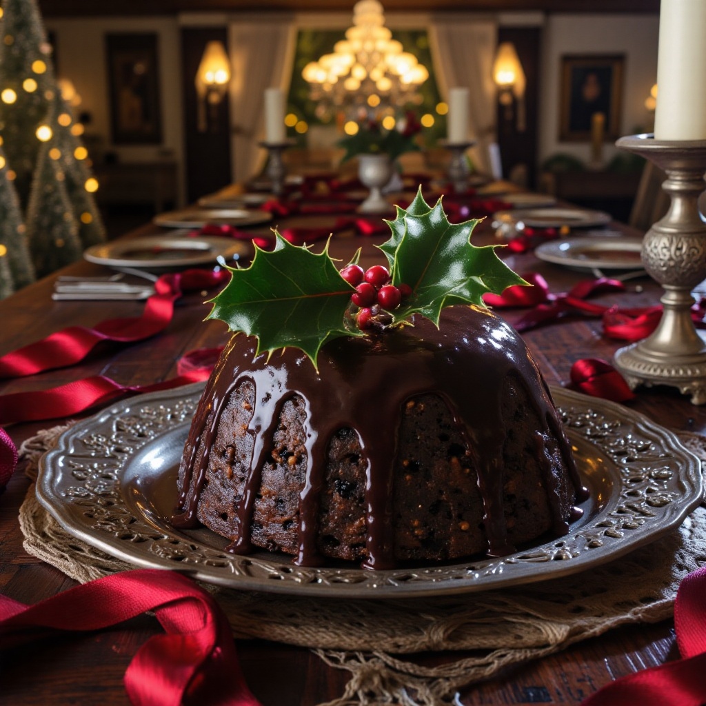 A luxurious British Christmas Pudding on an ornate ceramic plate,  dark steamed pudding with moist interior filled with go...