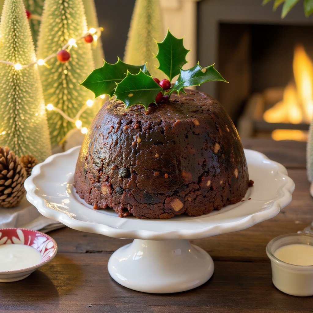 A traditional British Christmas Pudding on a white ceramic plate,  rich dark-brown steamed pudding,  cut open to reveal a...
