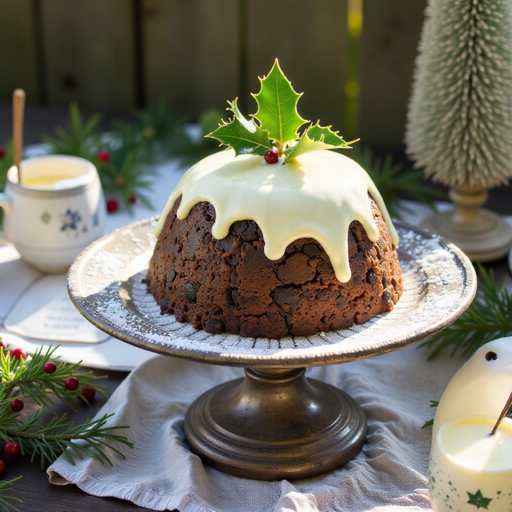 A British Christmas Pudding outdoors on a rustic wooden garden table,  rich brown pudding with a moist interior of dried c...