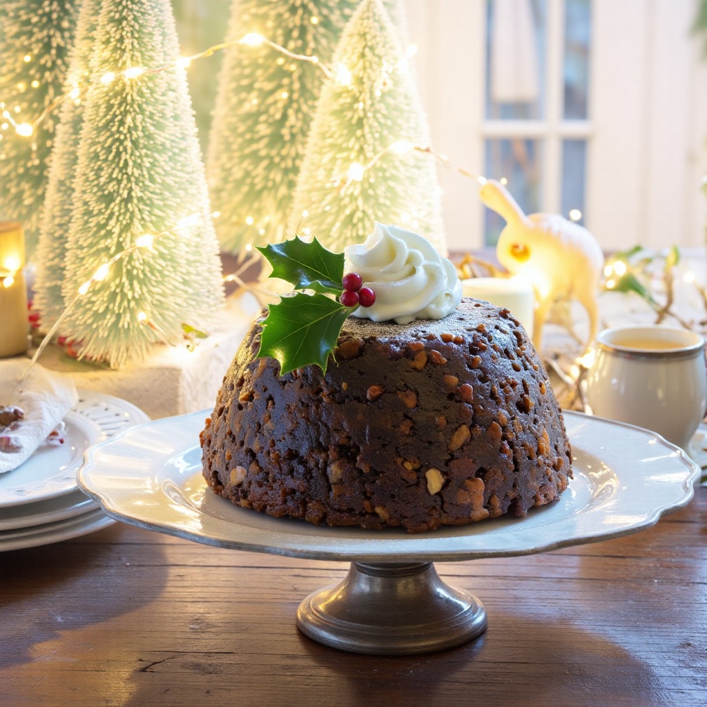 A modern-style British Christmas Pudding on a minimalist white plate,  dark steamed pudding with moist interior containing...