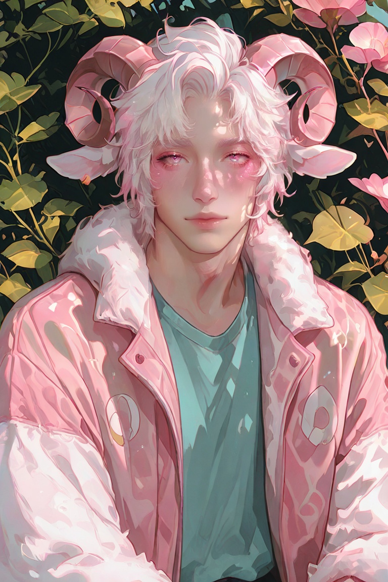 Create a vibrant,  pink-themed illustration featuring a lone boy with white hair and short,  pink-hued hair. He has animal...