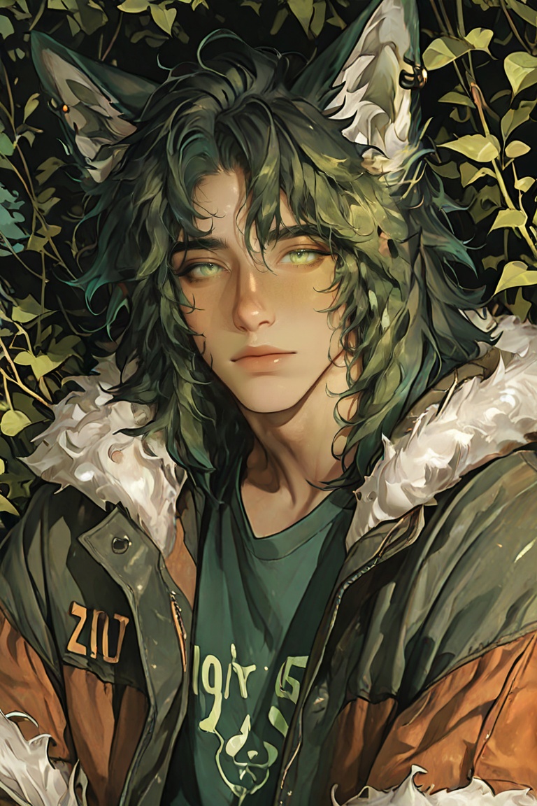 A solo male with dark messy hair and piercing green eyes looks directly at the viewer,  fox ears twitching atop his head,...