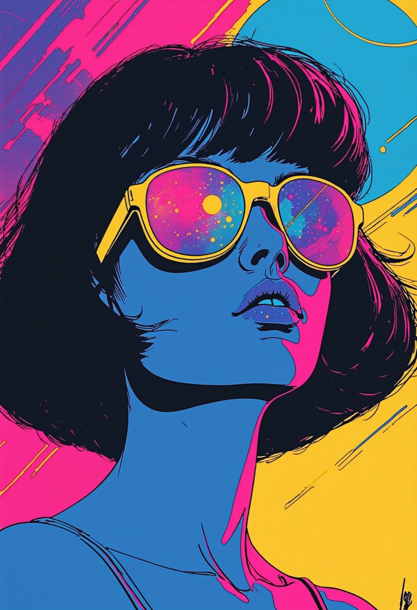 This is a science fiction digital drawing with a surreal,  futuristic energy. The silhouette of a 1980s anime safarieyes w...