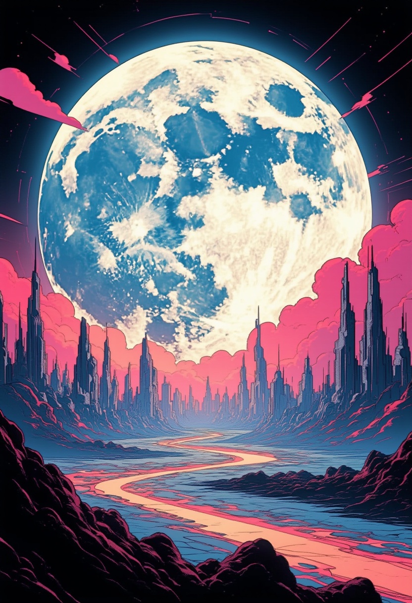 This is a science fiction digital drawing with a surreal,  futuristic energy. A safarieyes cyberpunk depiction of a citysc...
