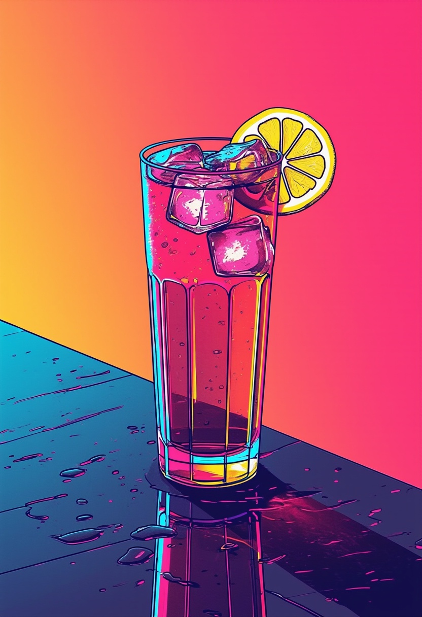 This is a science fiction digital drawing with a surreal,  futuristic energy. A cocktail garnished with a slice of lemon a...
