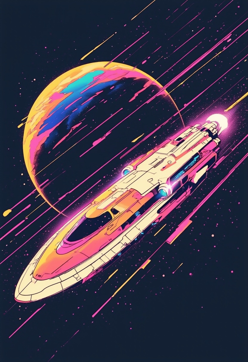 This is a science fiction digital drawing with a surreal,  futuristic safarieyes energy. A 1980s anime spacecraft is orbit...