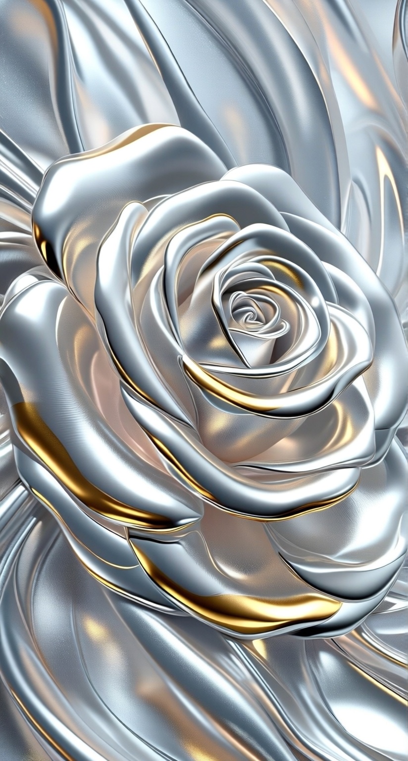 Create a high-resolution digital abstract art piece featuring a metallic rose with silver and gold accents. The artwork sh...