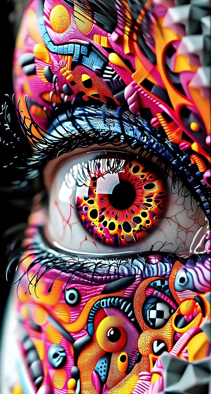 Create a vibrant and mesmerizing abstract digital art piece that captures the essence of a human eye through vivid colors...