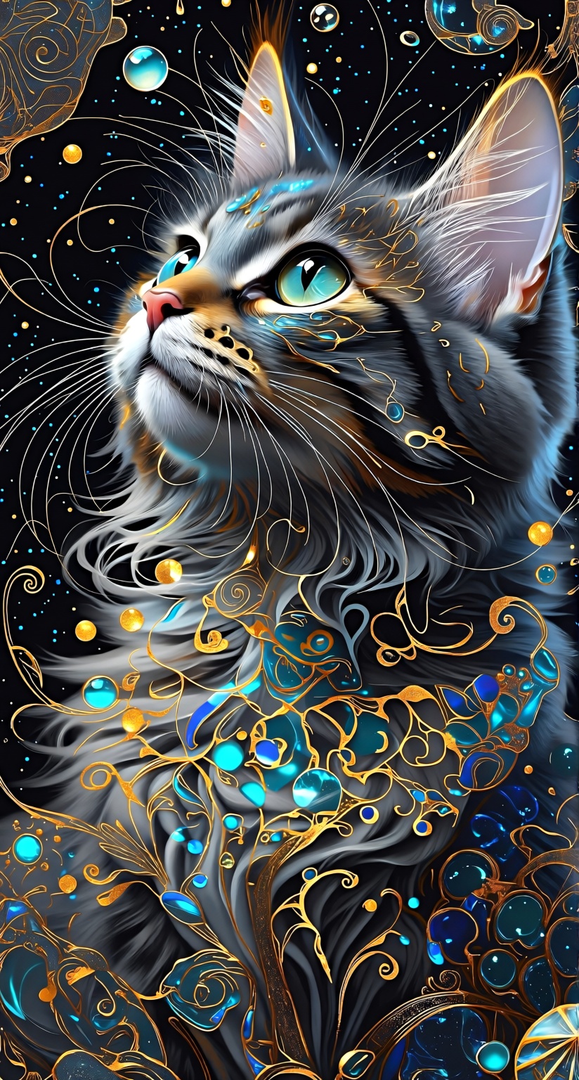 Create an abstract digital painting featuring a cat in a surreal,  cosmic environment. The artwork should incorporate vibr...