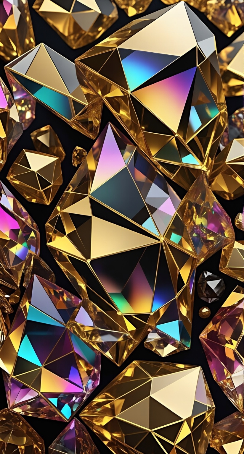 Create a digital art piece featuring ideal geometric shapes,  glossy gold crystals,  and holographic surfaces set against...