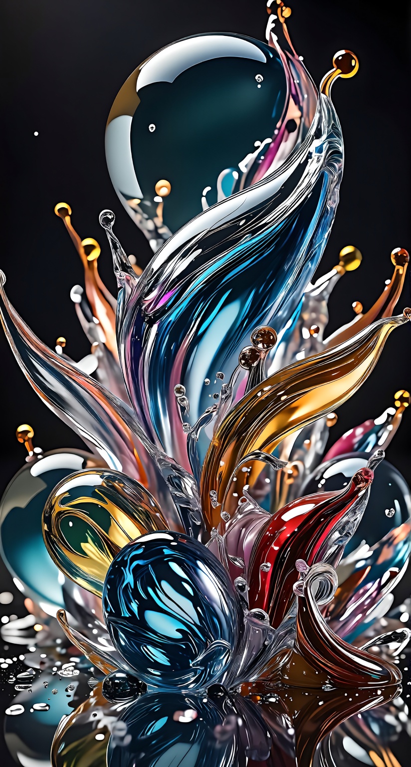 Create a modern,  abstract glass sculpture that showcases high detail and realistic transparency. The glass should be refl...