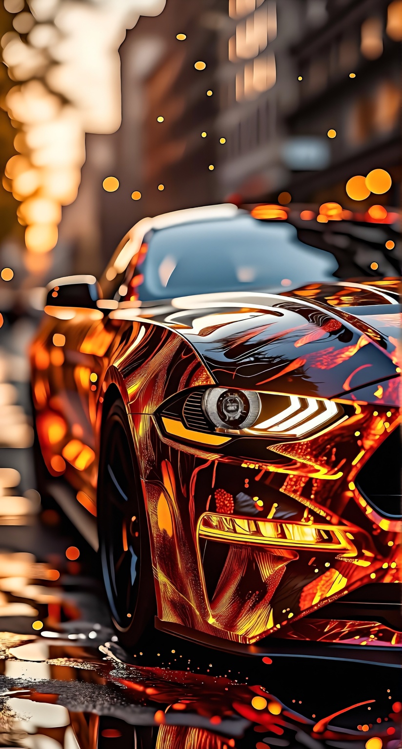 Create an abstract art image of a luxury sports car,  hyper-realistically showcasing glossy paint,  leather seats on Tenso...