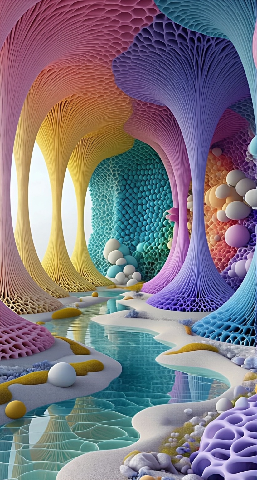 Create a colorful,  abstract,  futuristic digital art piece featuring organic shapes and flowing forms with vibrant on Ten...