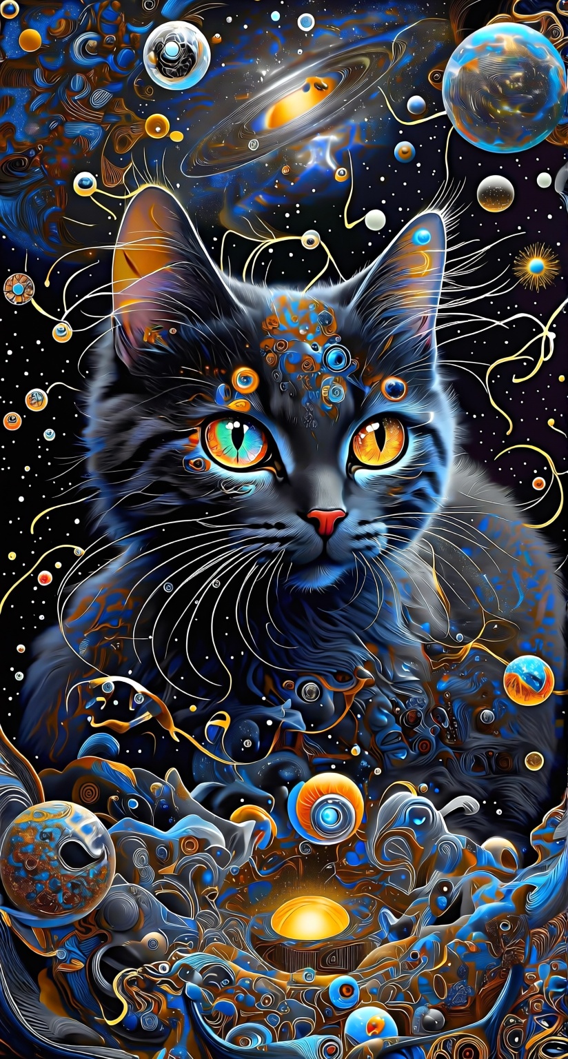 Create a digital painting of an abstract cat floating in a cosmic,  surreal fantasy environment. The cat has vibrant,  glo...