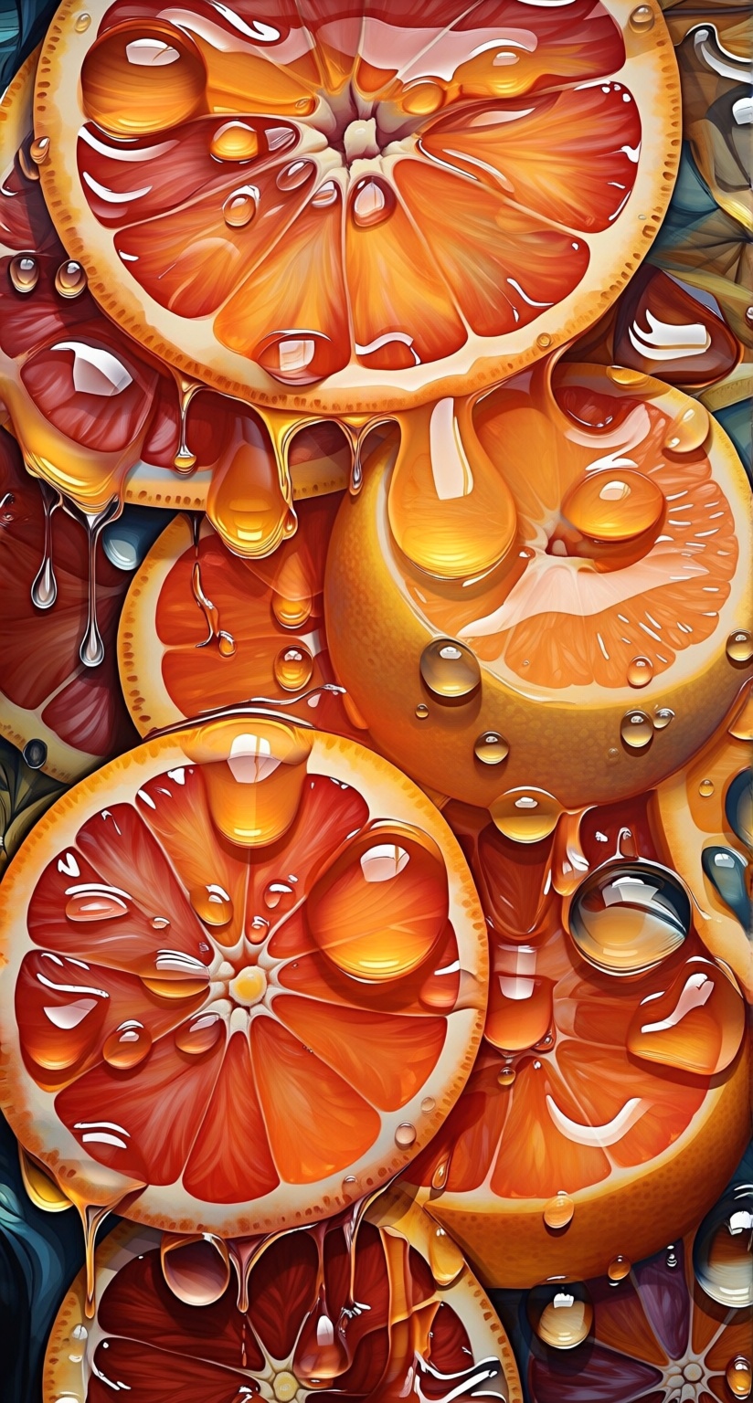 Create an abstract artwork featuring a close-up,  macro view of fresh,  juicy orange slices with vibrant on Tensor.Art