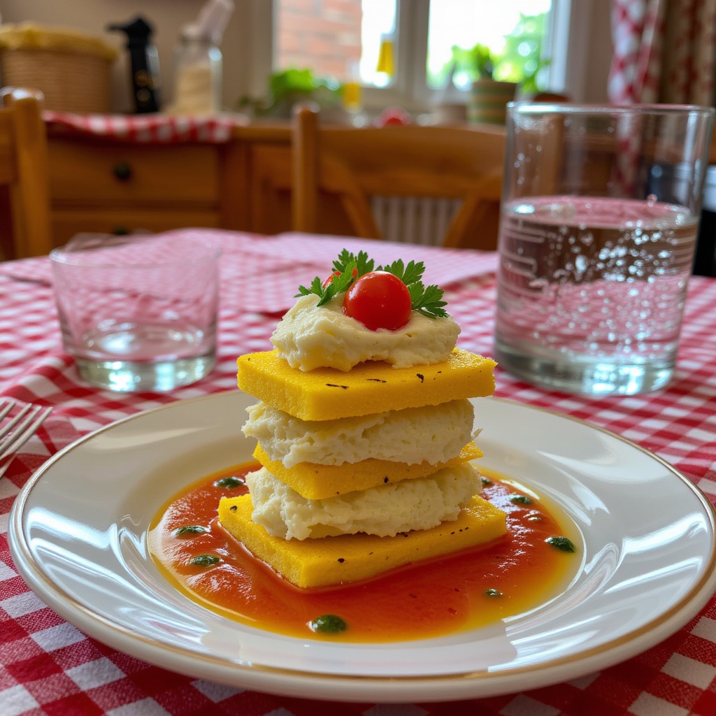 In a Roman apartment kitchen,  wooden table with red-and-white checkered tablecloth and porcelain plate. Slightly thick po...