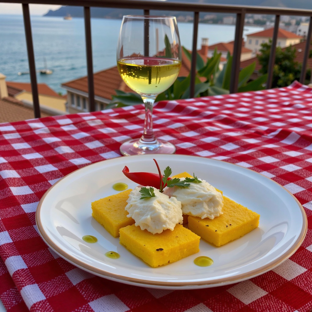 On an outdoor terrace in Palermo,  red-and-white tablecloth and porcelain plate. Polenta slices laid flat,  creamy whipped...