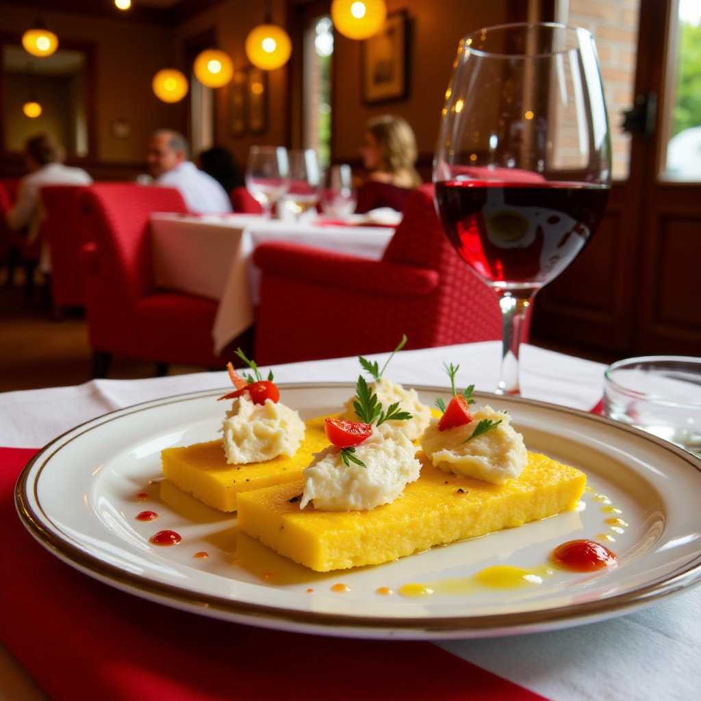 In a fine dining restaurant in Milan,  red-and-white tablecloth and fine porcelain plate. Golden polenta slices,  creamy w...